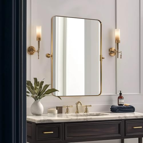 MOON MIRROR 24' x 36' Brushed Gold Metal Framed Pivot...