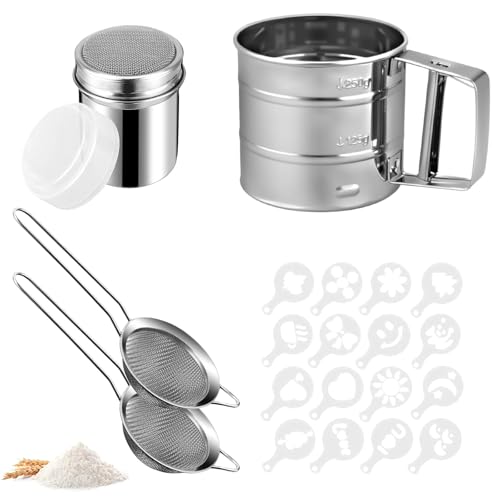 Gykutix Lot de 5 Tamis Farine Acier Inoxydable Saupoudreuse Sucre Glace Tamiseur Farine à Une Main Tamis Cuisine Passoire Fine avec 16 Pochoirs à Café pour Cacao, Farine d'Abricot, Matcha, épices