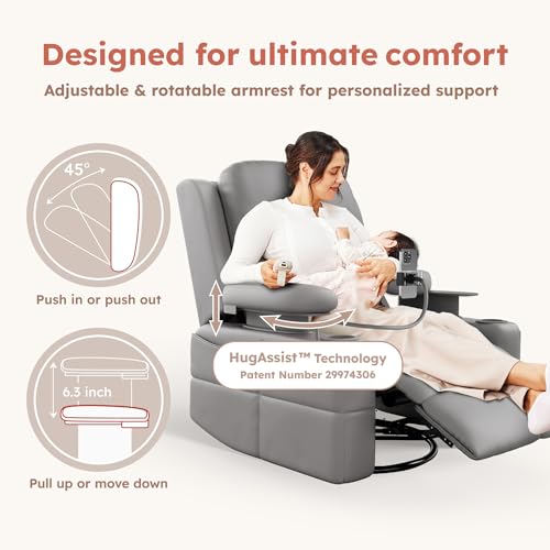 MAMAZING Oversized Rocking Chair Nursery with Adjustable Armrests, Electric Glider Recliner Nursing Chair for Breastfeeding, Power Swivel Recliner Chairs, Oeko-TEX & FSC Certified(Urban Gray)