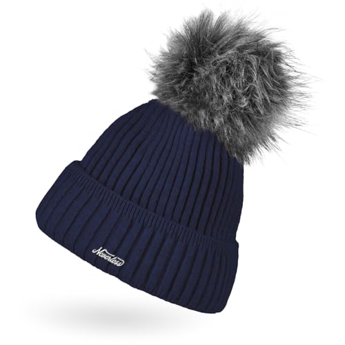 Neverless® Damen Strick-Mütze gefüttert Fell-Bommel Kunstfell Bommelmütze Umschlag Rippenmuster Navy