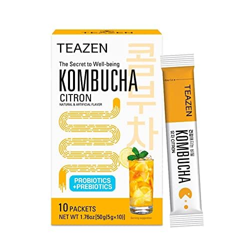 TEAZEN - Kombucha Limón Yuzu – Té Instantáneo Coreano con Yuzu y Probióticos – 10 Sobres – Sin Azúcar, Vegano, Bajo en Calorías – Preparación de Bebida Coreana con Prebióticos
