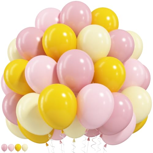Image of Pink Yellow Balloon, Pastel Light Dusty Pink Yellow Balloon for Party Decor | 12 Inch Retro Orange Baby Pink Yellow Balloons for Lemon Birthday Oh Baby Shower Bridal Bee Themed Wedding Party Decorations