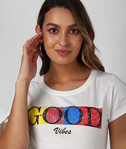 Image of UrbanMark Women 100% Cotton Round Neck Text Printed Half Sleeves T-Shirt - White