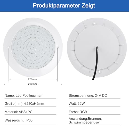 COOLWEST Harz Gefüllt Poolbeleuchtung LED 32W RGB, Ultraflach Poolscheinwerfer mit Fernbedienung Colour Changing Schwimmbad LED Lampe, IP68 Wasserdicht, 24V DC, Aufputzmontage