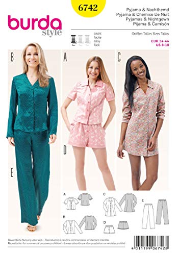 Burda 6742 Patron de Pyjama et Chemise de Nuit Blanc, 34-44, 8-10-12-14-16-18