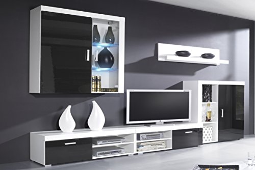 SelectionHome - Mueble Comedor, Salon Moderno con Leds, Acabado en Negro Brillo Lacado y Blanco Mate, Medidas: 290x200x45 cm de Fondo