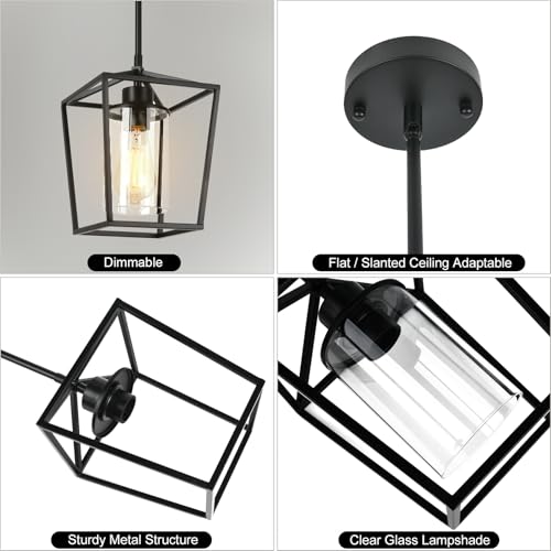 Image of 3 Pack Black Pendant Lights for Kitchen Island, 1-Light Farmhouse Metal Pendant Light Cage Kitchen Hanging Light Fixtures with Clear Glass Shade for Dining Room, Entryway, Hallway, Foyer