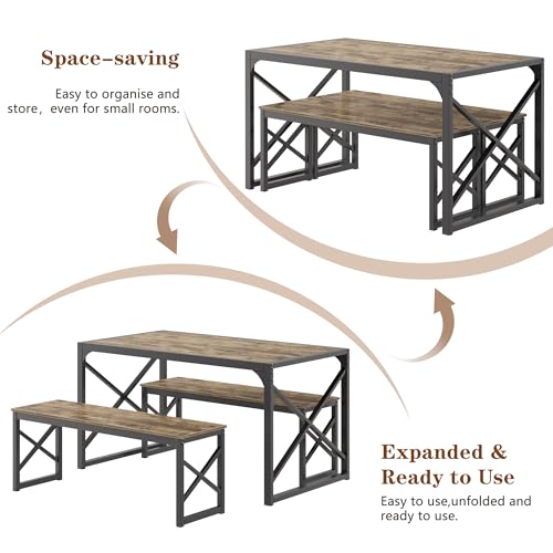 Image of VECELO 55 inch Kitchen Dining Table Set for 4, Heavy-Duty Steel Frame & Wood-Grain Tabletop, Space-Saving Dinette Sets with 2 Benches for Breakfast Nook and Small Space, Grey
