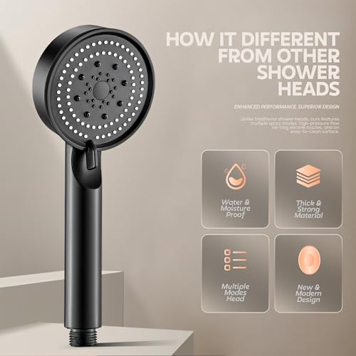 Image of Amazon Basics 5 Mode Hand Held Shower Head For Bathroom | High Pressure Water Flow Hand Shower | ABS Plastic | Essential Bathroom Accessories Black