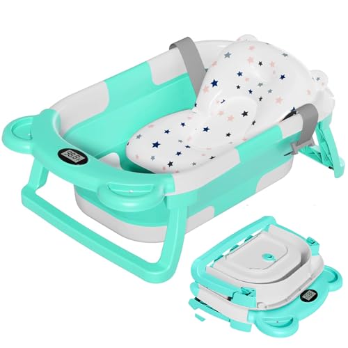 Image of TPN Collapsible Baby Bathtub, Baby Bath Tub with Soft Cushion & Real-Time Thermometer, Baby Bathtub Infant to Toddler Tub (0-36 Months), Portable Travel Baby Tubs for Newborns (Cyan)