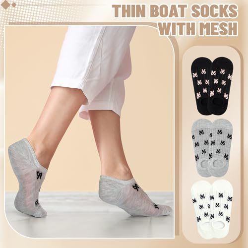 Image of Cutecrop 6 Pairs No Show Bow Socks Women Knit Coquette Cotton Breathable Ballet Style Cute Casual Hollow Mesh Socks for Women Low Cut Invisible Liner