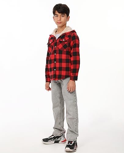 Image of ZENTHACE Boys Sherpa Fleece Lined Flannel Plaid Button Down Shirt Jacket,Hooded Flannel Shirt with Hand Pockets