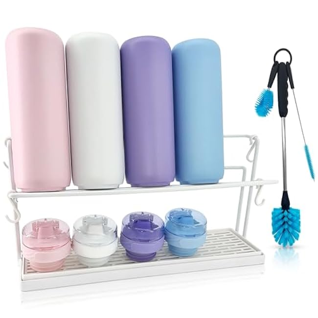 Bottle Drying Rack for Kitchen Countertop - Two-Tier for Water Bottles and Tumblers, Space-Saving Storage Stand with Drainage Tray, Includes Water Bottle Drying Rack Brush Cleaning Set (White)
