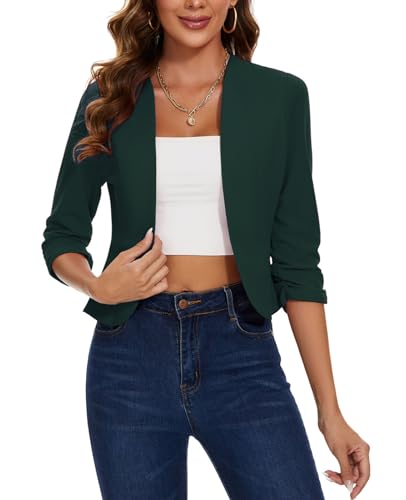 Womens Cropped Blazer 3/4 Ruched Sleeve Casual Work Office Open Front Lightweight Collarless Suit Jacket Blazer,Dark Green,L