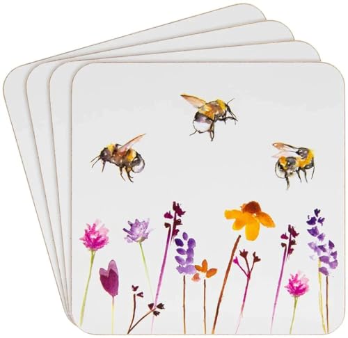 Heat Resistant Cork Back Coasters Pretty Water Colour Busy Bees Design by Jennifer Rose Gallery