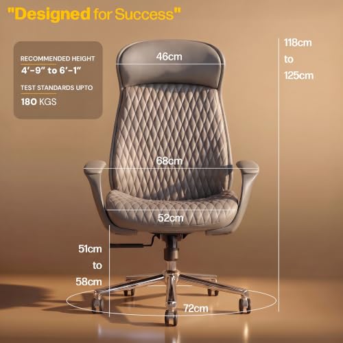 Image of DROGO Levante Ergonomic Office Chair for Work from Home with Bionic Curve Design | High Back Executive Boss Chair, Double Padded Armrest, Genuine Vegan Leather, Heavy Metal Base, 145 Recline (Brown)