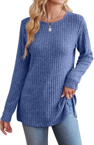 Image of Jescakoo Long Sleeve Shirts for Women Crew Neck Fall Tops Side Split Lightweight Tunic Sweaters Fashion Clothes 2025 S-4XL