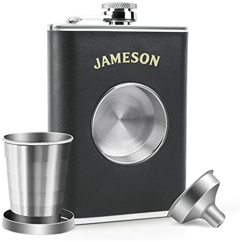 KWANITHINK Hip Flasks, Stainless Steel Leather Hip Flask 8 oz Built in 2 oz Collapsible Shot Glass & Funnel, Ideal Alcohol Flask Gift for Men Cover