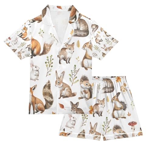 senya Cute Forest Animals A Satin Summer Pajama Sets Silk Short Sleeve Button Down Sleepwear