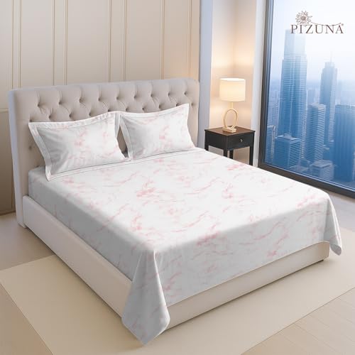Image of Pizuna 100% Cotton Bedsheet Super King Size with 2 Pillow Covers, 400 Thread Count Long Staple Cotton, Carrara Marble Pattern Flat Bed Sheet 108X108 Inch for Superking Bed, Light Pink Printed Bedsheet