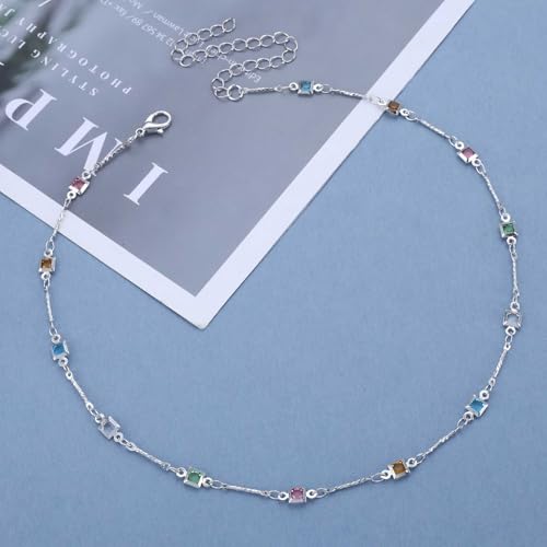 Vintage Colorful Crystal Necklace Multi Color Rhinestone Choker Necklace Multi Crystal Baguette Necklace Tiny Cz Gemstone Station Necklace Jewelry for Women3