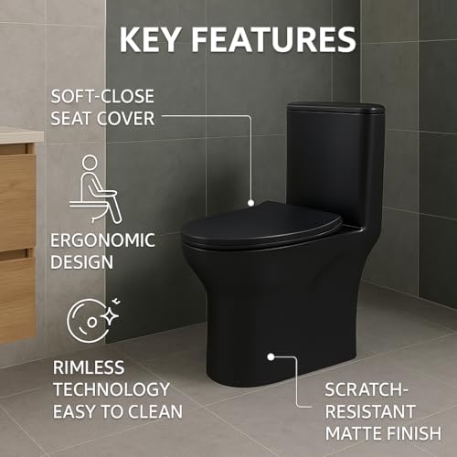 Image of Hindware Italian Collection Cora One Piece Commode for Bathroom | Made of Ceramic | S-220 Trap | Matte Black Finish | 2D Syphonic Flushing | Soft Close Duroplast Seat Cover | 10-Year Warranty