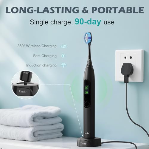 Image of Electric Toothbrush for Adults - 90 Day Battery Life, Rechargeable Sonic Toothbrushes with Pressure Sensor, Smart Screen Travel Electric Toothbrush with Case, 5 Cleaning Modes & 3 Intensities Settings