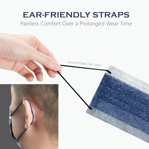 CSD Colo 30 Pcs Black + 30 Pcs Jean Blue Disposable Face Masks Bundle - 3 Ply Breathable Mask with Elastic Ear Loop for Adults
