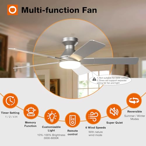 Image of addlon Ceiling Fans with Lights, 52 Inch Low Profile Ceiling Fan with Light and Remote Control, Flush Mount, Reversible, 3CCT, Dimmable, Quiet, Silver Ceiling Fan for Bedroom Indoor /Outdoor Use