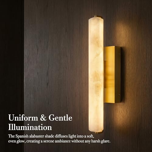 Image of 15in Alabaster Wall Sconces Brass Alabaster Sconce Spanish Marble Bathroom Vanity Sconces Modern Wall Light for Living Room Bedroom Staircases Indoor Gold
