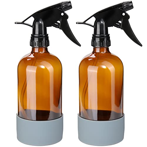 DYHAXA 16 oz Empty Amber Glass Spray Bottle with Silicone Sleeve - 2 Pack Reusable Refillable Container for Cleaning Solutions - Easy to Clean Trigger Sprayer with Adjustable Mist or Stream Setting