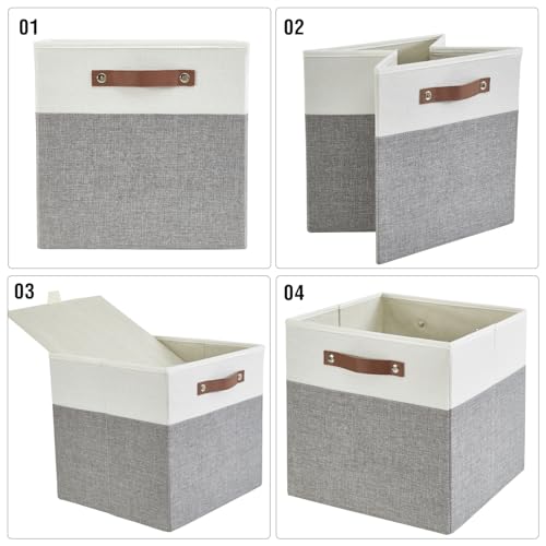 Image of Bagnizer Collapsible Fabric Storage Cube Bins with 2 Reinforced PU Handles, Foldable Storage Organizer Baskets for Closet, Shelves, Living Room | 13 inchx13 inchx13 inch, 4 Pack, Gray & White
