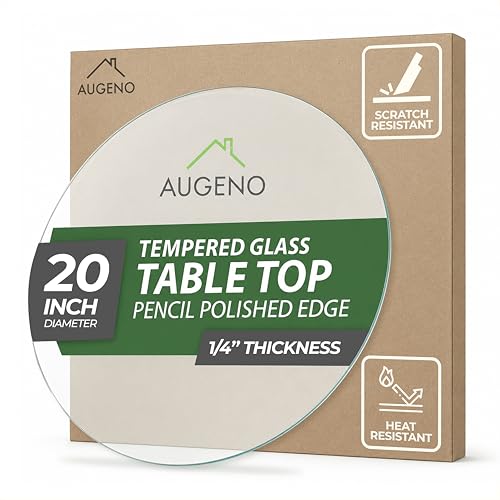 Augeno 20 inch Round 1/4 Thick Pencil Polished Edge Glass Table Top with 6 Bumpers - Tempered Scratch Resistant & Safety Replacement Glass Designed for Dining Coffee Patio & End Tables