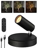 EZVALO Kabellose Spotlight 5500mAh, 3 Farben Dimmbar Wandspot mit Fernbedienung & Timer-Funktion, 350° Drehbare Aufladbar Wandlampe für Bilderbeleuchtung Pflanzenbeleuchtung (Schwarz, 1 Stück)