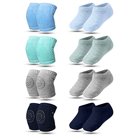 8 Pairs Crawling Knee Pad Non-Slip Socks Set Knee Protector Toddler Leg Warmer Unisex Soft Cotton Socks for Baby Toddler (Green, Light Gray, Blue and Dark Blue)