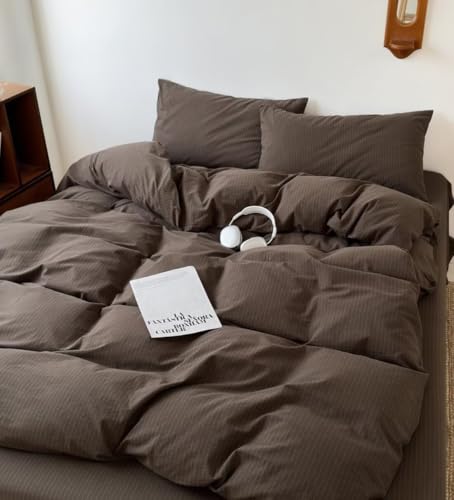 Image of PinkMemory Brown Striped Duvet Cover King White Pinstripe Duvet Cover Bedding Set 100% Washed Cotton Stripes Patterned 3pcs Retro Striped Bedding with Zipper Closure Corner Ties,Soft Breathable