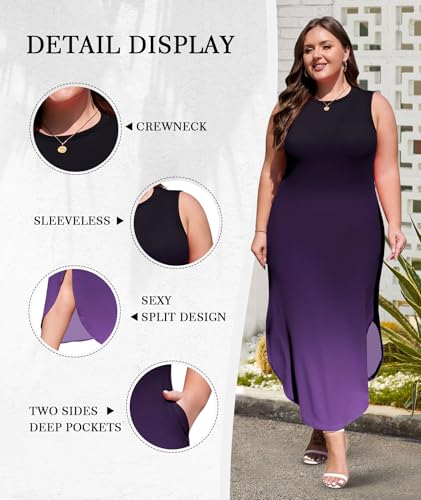 Image of Wolddress Womens 2026 Plus Size Sleeveless Tank Dress Casual Loose Sundress Split Summer Beach Long Maxi Dresses with Pockets