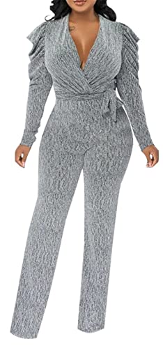 Womens Sexy Long Ruffles Sleeve Deep V Neck Metallic Luster Bodycon Wide Leg Party Clubwear Jumpsuit Rompers With Belt #TOP23