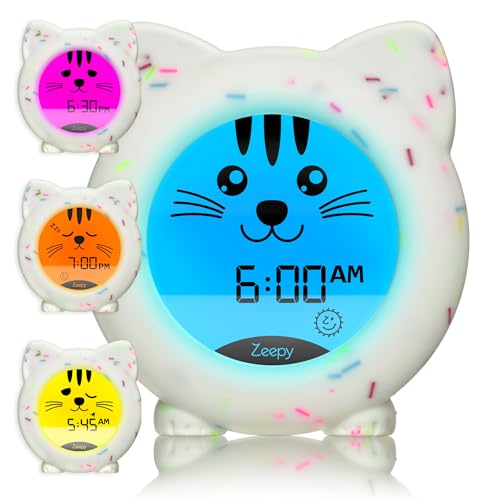 Zeepy 4-Phase Toddler Sleep Trainer Clock - Rechargeable Day Night Cat Clock for Kids - Drop Proof - Kip the Kitty