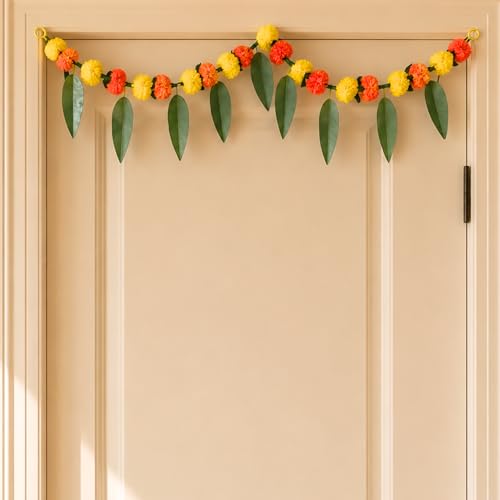Image of LOVENSPIRE Marigold and Mango Leaf Door Toran (3 Ft.) Traditional Floral Garland Valance for Festival and Pooja Decor, Indian Bandarwal Hanging for Diwali, Weddings, and Housewarming Favors