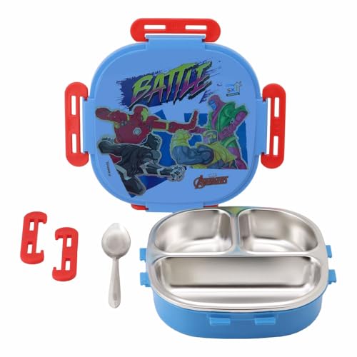 Image of SKI Baker Steel Lunch Box for Kids, 3 Compartment Insulated School Tiffin with Spoon, Leak-Proof, BPA Free, Bento Box for Boys & Girls, Birthday Gifts, Party Favours - Avengers