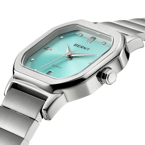 BERNY Silver Watch for Men Classic Square Quartz Watch Men's Casual Analog Watches with Date Calendar Japanese Movement Stainless Steel Case/Watch Band