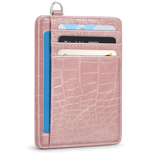 Image of Coco Rossi Crocodile Wallet Women Slim Credit Card Holder with Keychain | Luxury Wallets, Alligator Print, RFID Blocking, ID Case, Small Minimalist, Womens Girls Gift, Pink Croc