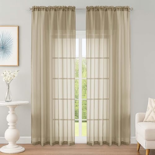 Image of OWENIE Taupe Sheer Curtain 90 Inches Long 2 Panels Set, Solid Filmy Drapes for Living Room Bedroom, Elegant Window Voile Sheer Curtain Panels Drapes, 2 Pcs, Each 59 inch Wx90 L Inch