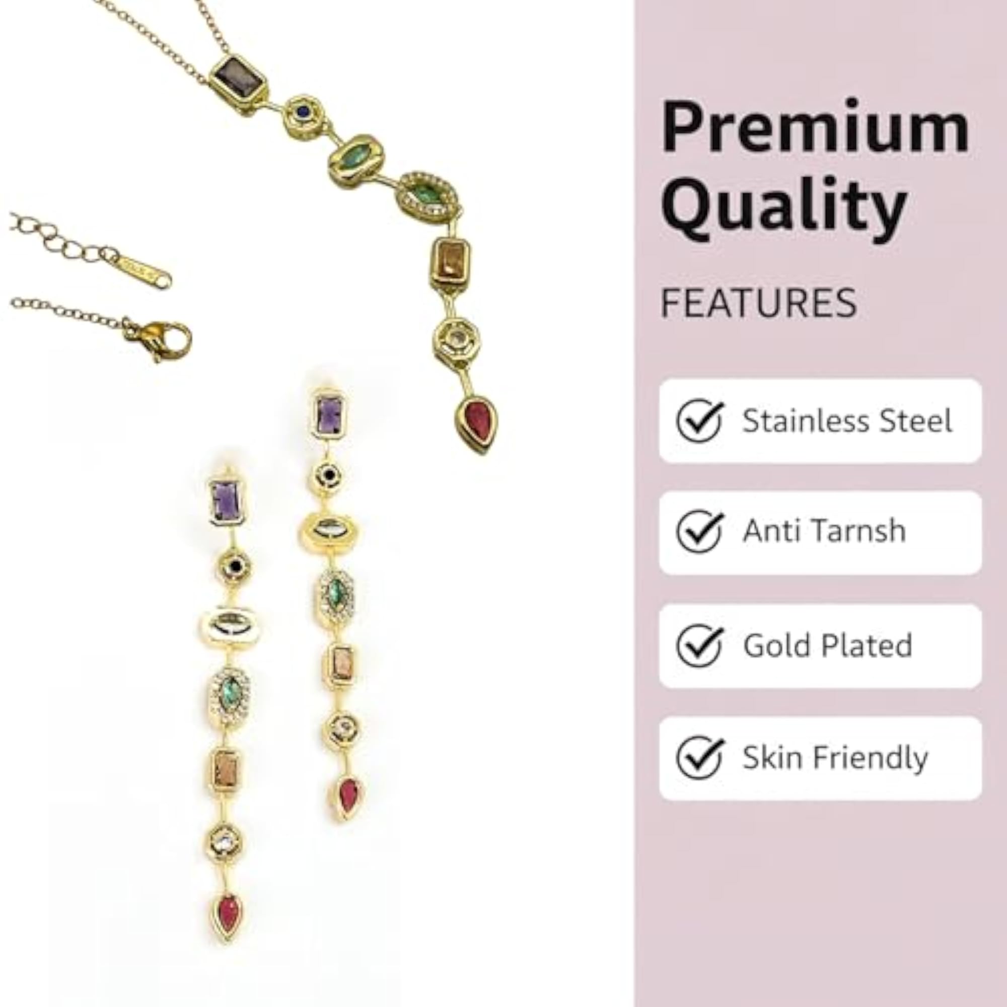Women's Gold-Plated Multi Colour American Diamond Earrings and Necklace Set