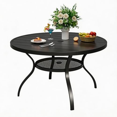 Image of Incbruce Patio Dining Table, 41 inch Round Table Metal Steel Slat Table with 1.57 inch Umbrella Hole, for Backyards, Porches, Gardens, or Poolside