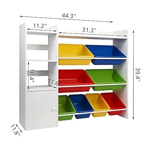 Kids toy storage organizer bins with shelf 4 tier playroom organization and storage w8 removable boxes kids bookshelf and toy storage for kids room bedroom nursery classroom white  urban country home decor