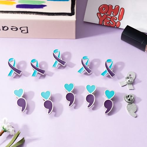 30Pcs Suicide Prevention Awareness Ribbon Pin, Semicolon Mental Health Suicide Prevention Awareness Lapel Pins, Suicide Awareness Bulk Metal Purple and Teal Ribbon Pin Souvenir Series Gifts3