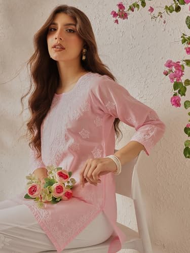Image of Ada Hand Embroidered Lucknow Chikankari Straight Round Neck Cotton Blend Short Kurti Tunic Top for Women A911333