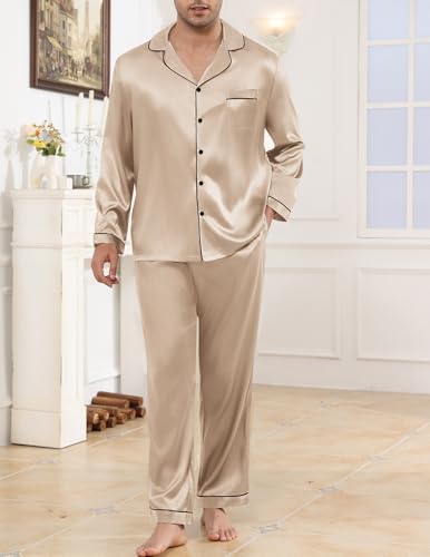 Image of Veseacky Mens Silk Satin Pajamas Set Short Sleeve Sleepwear Button-Down Pjs Sets Two-Pieces Loungewear with Pockets S-XXL